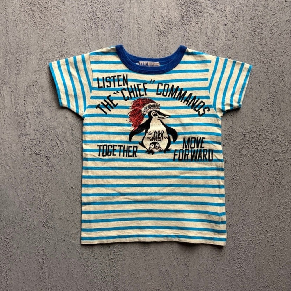 Denim Dungaree T-Shirt Medium 130CM Blue Striped Penguin Japan Baby Tee